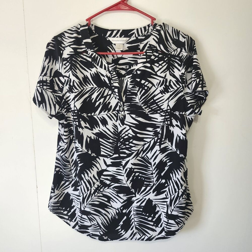 Christopher & Banks Black White Tropical Palm Leaf Split Neck Short Sleeve Top S
